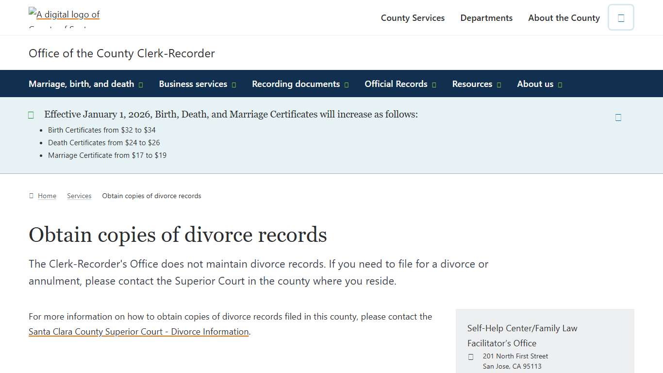 Obtain copies of divorce records Office of the County Clerk-Recorder County of Santa Clara